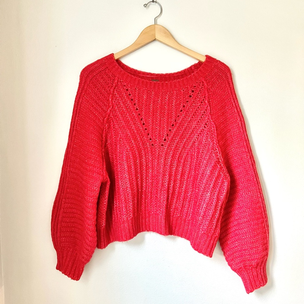 Free People Carter Knit Pullover Chunky Red Crew Neck Oversized Sweater Top S/M - Picture 6 of 9